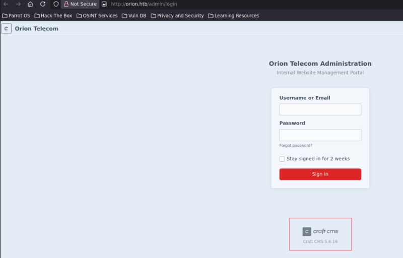 Panel de login del subdominio admin